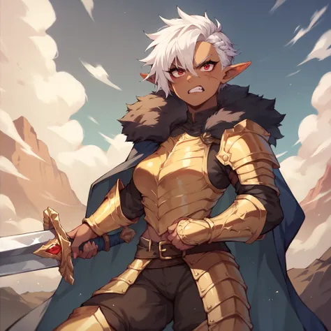 a dark skin tomboy elf. she has white hair and red eyes and has a scar across her face. she is wearing golden armor with a fur cape and has a sword in one hand. she looks angry and mad. valley of a battlefield.