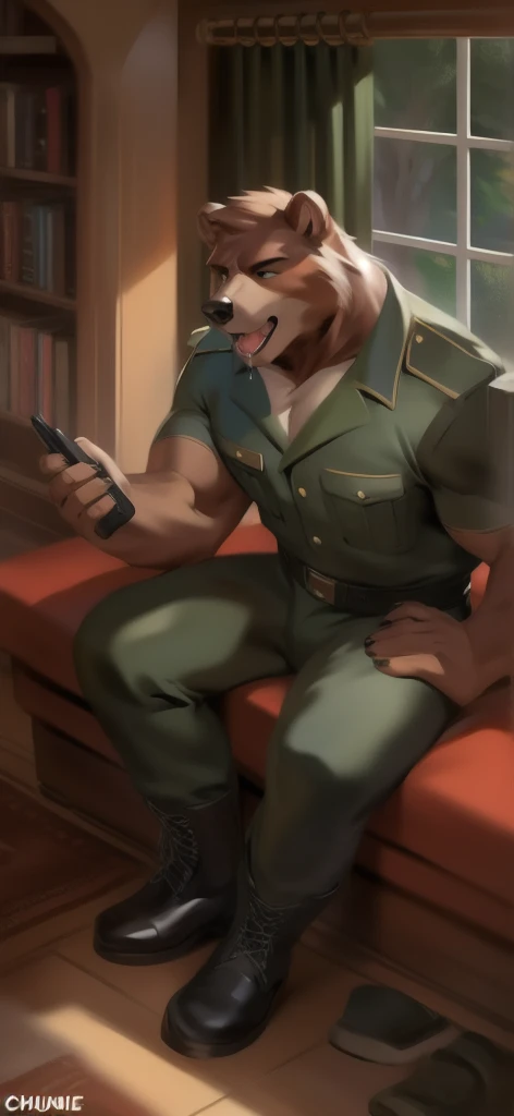  alone,  man big tall , Sitting inside ., in wardrobe , bear  ,black Green military Army uniform ,  wearing boots ,  heavy overload,  muscle,  Opening his mouth and drooling., by chunie 