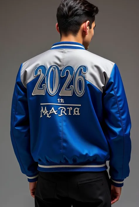 Prom jacket with blue and gray colors with the numbers 2026 and some name in Latin 