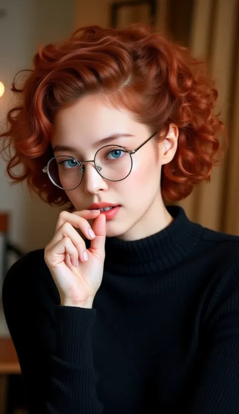  A young woman with fair skin, wearing thin silver-framed glasses, biting her lip slightly. She has striking blue eyes and voluminous curly red hair. She wears a black sweater, and her expression is soft and introspective. The background is blurred, with a...