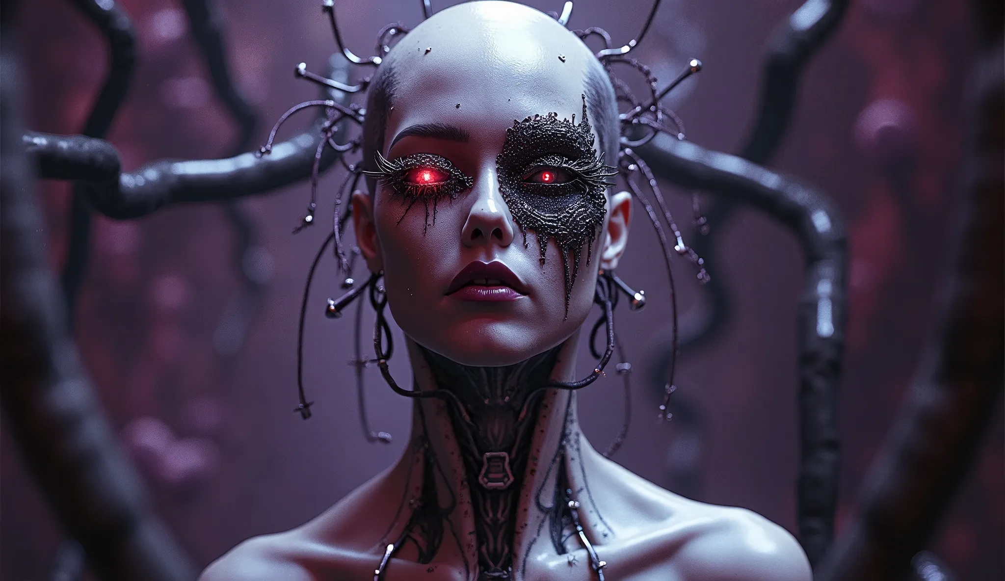 Create a hyperrealistic image of a female Cenobite, drawing inspiration from the eerie, surreal style of H.R. Giger and the haunting atmosphere of Hellraiser. The female Cenobite should possess a tall, slender yet formidable figure, with a body that appear...