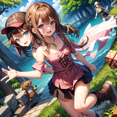  pink brown brown hair、  blue eyes、  Has hair tied  、Two cute people、  check mini skirt、  black t-shirt、 Light clothing、  tank top、  camisole、 high socks、 Boots、 teeth inside、  The Road Is Crooked 、Mountain々、Stick together  、 bamboo forest、 chest pocket  、...