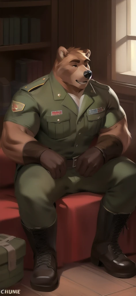  alone,  man big tall , Sitting inside ., in wardrobe , bear  ,black Green military Army uniform ,  wearing boots ,  heavy overload,  muscle,  Sexual​Emotions​ happy​, by chunie 