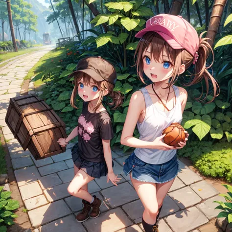  pink brown brown hair、  blue eyes、  Has hair tied  、Two cute people、  check mini skirt、  black t-shirt、 Light clothing、  tank top、  camisole、 high socks、 Boots、 teeth inside、  The Road Is Crooked 、Mountain々、Stick together  、 bamboo forest、 chest pocket  、...