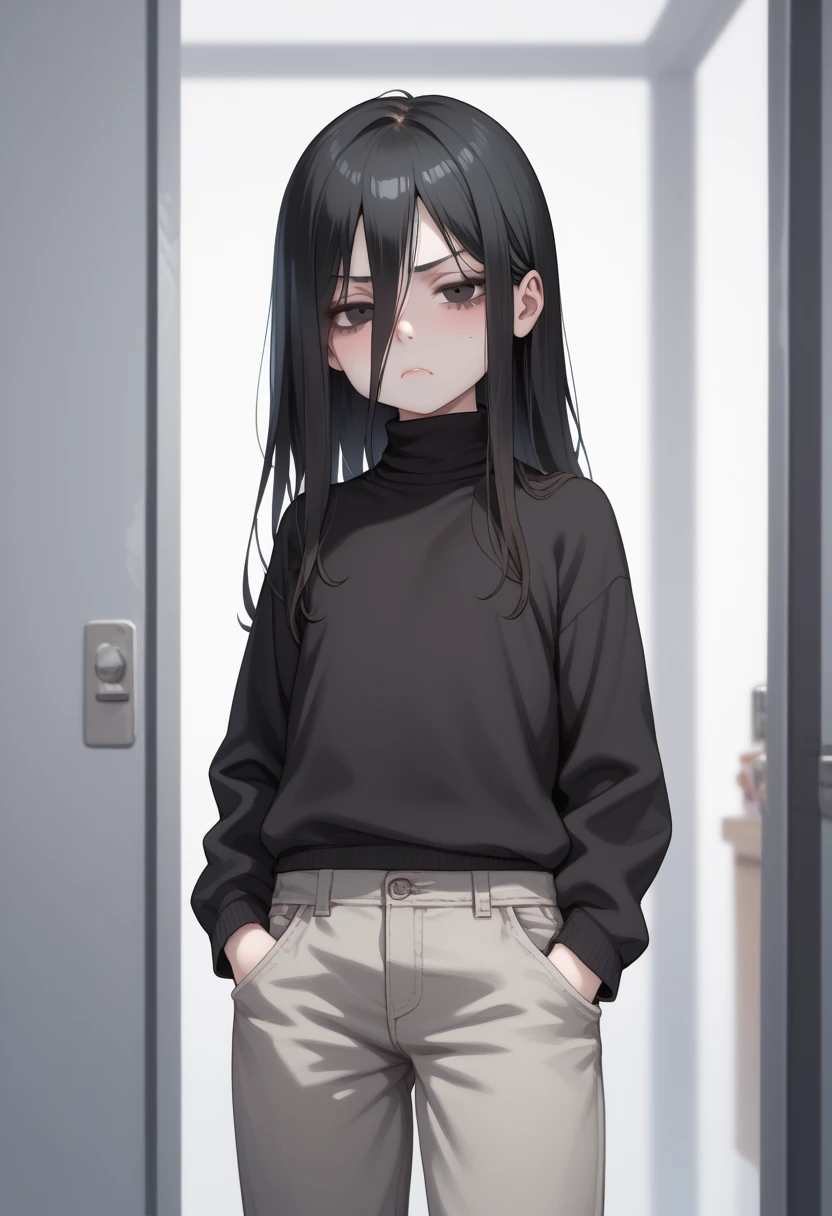  Sadako Yamamura , (index chibi: 0,9),  black eyes,  pale skin,  long black hair,  is low,  is small, flat chest, pretty, dressed in a large black knitted turtleneck, baggy dark gray cargo pants with roomy patch pockets, in undefined color .  narrowed eyes...