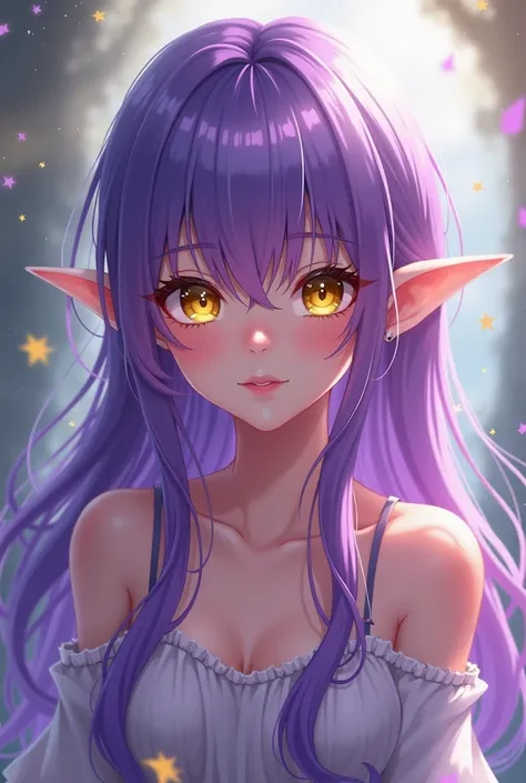 Girl elf purple hair yellow eyes manga style