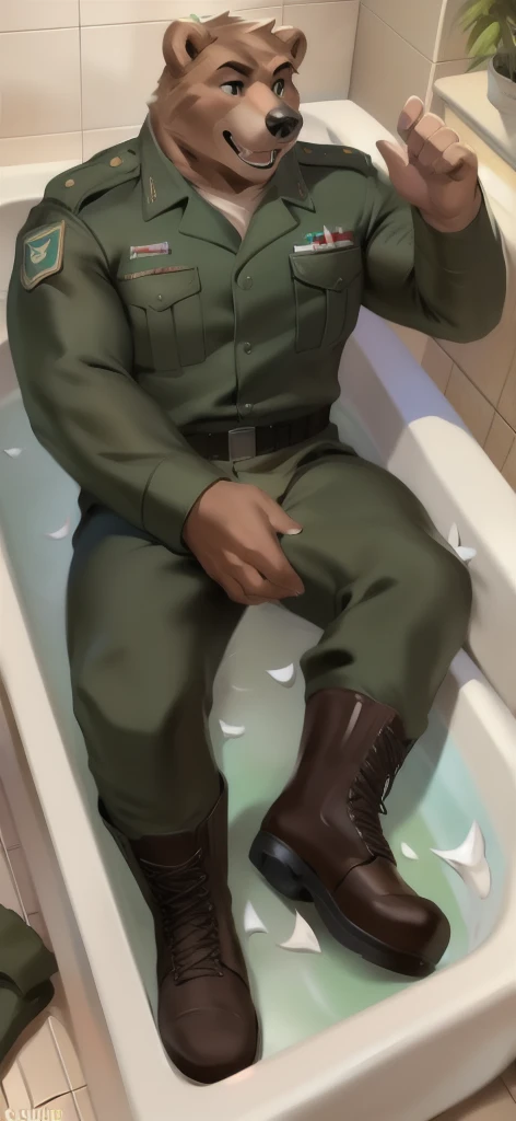  alone,  man big tall , Lying on the floor ., bathtub , bear  ,black Green military Army uniform ,  wearing boots ,  heavy overload,  muscle,  Sexual​Emotions​ happy​, by chunie 