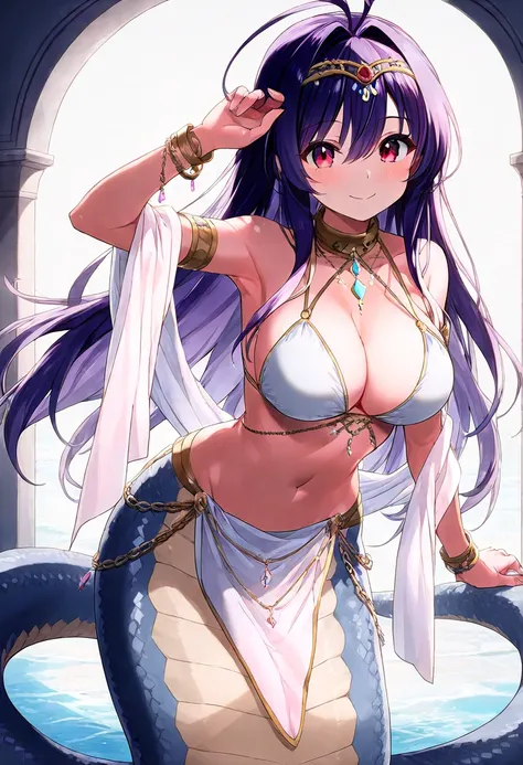 score_9, score_8_up, score_7_up, score_6_up, masterpiece, perfect lighting, 1girl, breasts, monster-girl, long-hair, solo, lamia, purple-hair, red-eyes, navel, large-breasts, hair-intakes, looking-at-viewer, smile, scales, jewelry, bangs, cleavage,tiara, p...