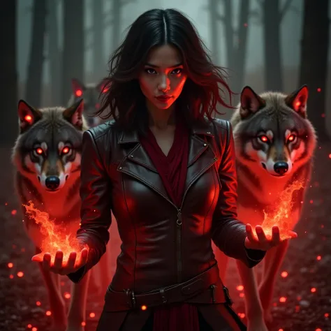 Medium length and shaggy dark brown hair , dark brown asian style straight and slanting eyes,  a woman leading a herd of wolves. On it is a closed leather warrior suit with a red color throat outfit and a red lipstick. He took the wolf pack he led behind i...