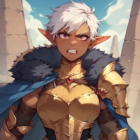 a dark skin tomboy elf. she has white hair and red eyes and has a scar across her face. she is wearing golden armor with a fur cape and has a sword in one hand. she looks angry and mad. valley of a battlefield.