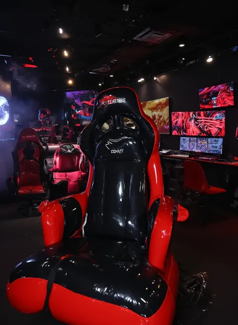 Full panoramic view of scene from below, RAW amateur selfie photo, high resolution, ((A huge inflated shiny racing gaming style seat made of Extreme reflex mix dual color of: black-red shiny full rubber-latex texture))), (frontal view, front view only:1.9)...