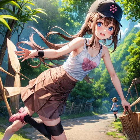  pink brown brown hair、  blue eyes、  Has hair tied  、Two cute people、  check mini skirt、  black t-shirt、 Light clothing、  tank top、  camisole、 high socks、 Boots、 teeth inside、  The Road Is Crooked 、Mountain々、Stick together  、 bamboo forest、 chest pocket  、...