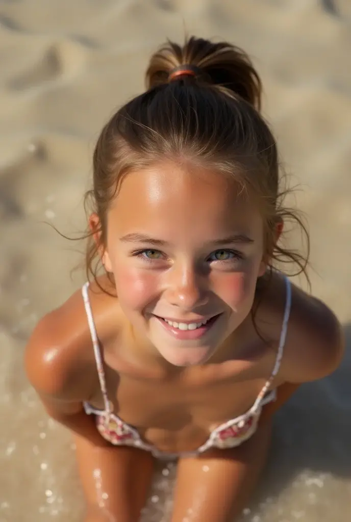 Brown-haired thirteen-year-old girl with a ponytail,Do you have braces on your teeth, She has huge, round breasts, She has bare breasts ,She has a white thong,She is kneeling in a lake with a waterfall, Your hair is wet, His body is wet  ,His arms are behi...