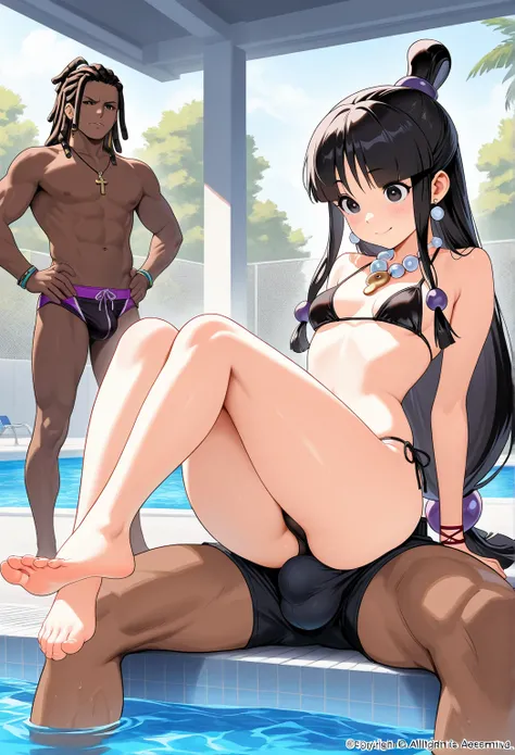 high resolution picture, masterpiece, best quality, amazing quality, official art, 1boy, 1girl,  maya fey from ace attorney, 1girl,  1girl, sojmaya, half updo, hair ornament, small breasts, 
                   BREAK (curvy), 1girls, bikini, black_bikini, b...