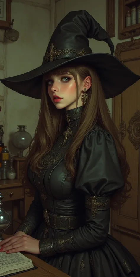  high resolution,  better quality,  in detail, HD model,  high detail ,  High quality,full frame, Ponle meter ,  Full-length girl, Brown hair,  straight hair , Breasts, earrings,  green eyes, makeup, Light blush, scarlet lips,  witch hat,  Black witch dres...