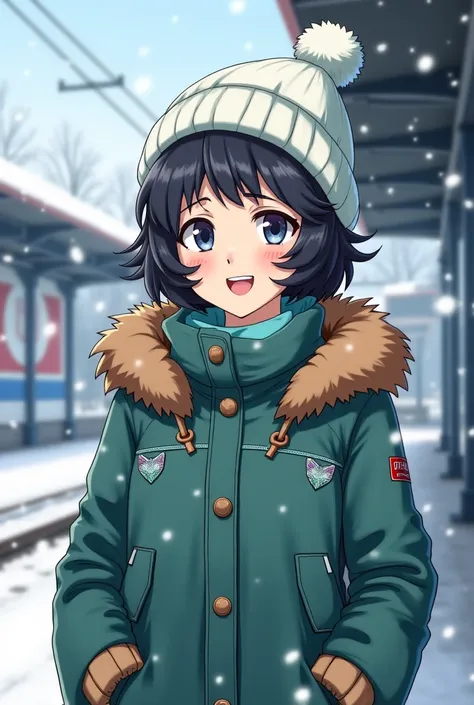 Smiling 40-year-old anime woman with short curly black hair and white mint hat, Wearing a padded windbreaker jacket with brown fur at a train station and it's snowing