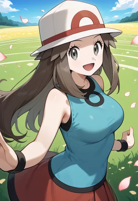  score_9,  score_8_up,  score_7_up,  score_6_up,  score_5_up,  score_4_up,  source_Anime, It's Aleef ,  long hair,  brown hair,  pork pie hat, white head jewelry ,  gray eyes,  medium breasts,  blue shirt,  sleeveless,  black wristband ,  miniskirt,  red s...