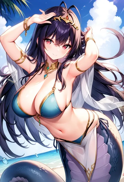 score_9, score_8_up, score_7_up, score_6_up, masterpiece, perfect lighting, 1girl, breasts, monster-girl, long-hair, solo, lamia, purple-hair, red-eyes, navel, large-breasts, hair-intakes, looking-at-viewer, smile, scales, jewelry, bangs, cleavage,tiara, p...