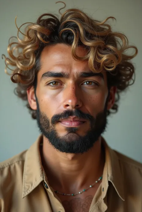 Lightly dark-skinned brown boy in his 20s with a beard and curly blond hair 