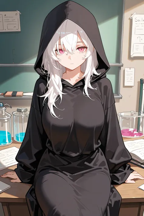 best quality, masterpiece,highest resolution, 1girl, white hair, expressionless, black robe, messy lab background, sitting on desk, pink eyes, hood, mature, upper body, solitude