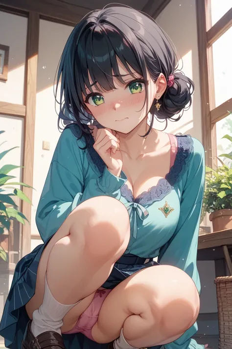  girl、 Emerald Green Eyes、 black hair、 crouching込み、 crouching、 Facing Front、Thin pink panties、 forward bending、Embarrassed、Blue clothing、Chest