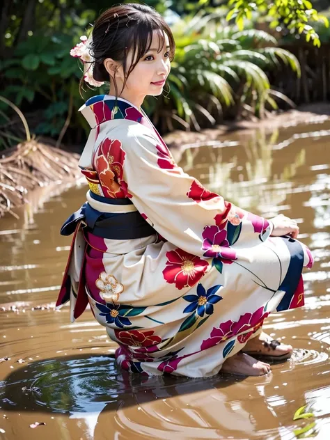 
Realistic, long-sleeved kimono, hakama, long hakama, floral kimono, muddy clothes, mud splashes, soaking in mud, crawling