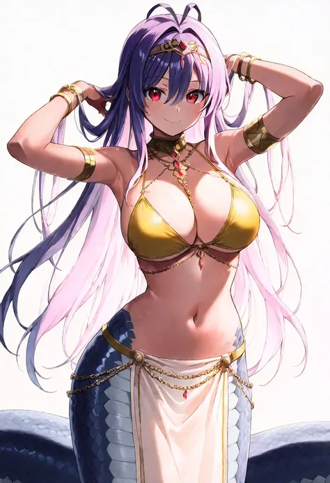 score_9, score_8_up, score_7_up, score_6_up, masterpiece, perfect lighting, 1girl, breasts, monster-girl, long-hair, solo, lamia, purple-hair, red-eyes, navel, large-breasts, hair-intakes, looking-at-viewer, smile, scales, jewelry, bangs, cleavage,tiara, p...