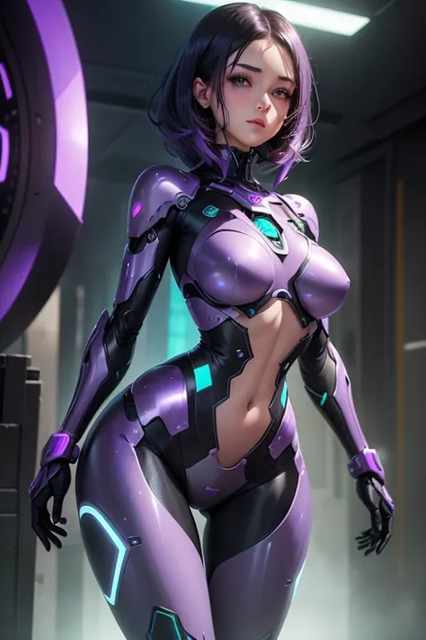 A  female robot, Mechanical and feminine body, Dark hair, light purple metallic body plates barely covering her breasts, deep purple eyes, rounder not anime style face, smaller breasts edgy hair, blue green shimmery skin, svelte lithe but natural body, thi...