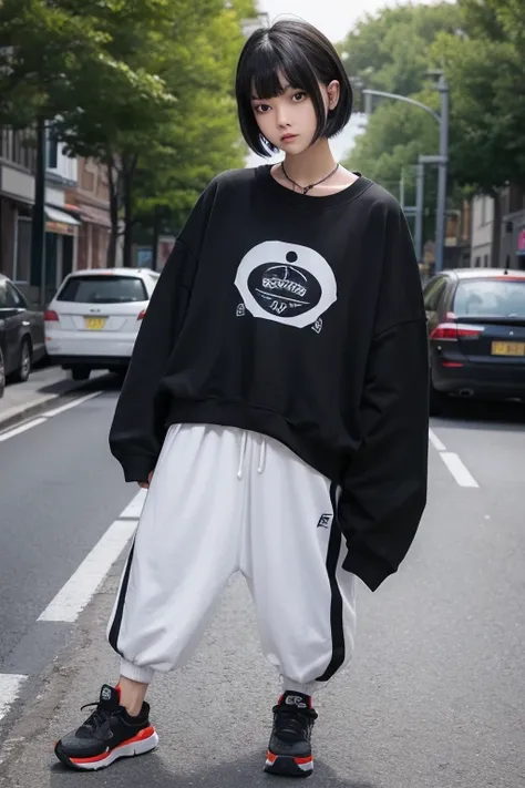   Hi-Res,   boyish,    girl,  black hair, Sporty shortcuts,   asymmetrical hairstyle  ,  Asymmetrical bangs,   yellow eyes,  There are three circles in the middle of the eye,  Skater Style Street Fashion, slightly oversized bottoms,  is standing,  futanari...