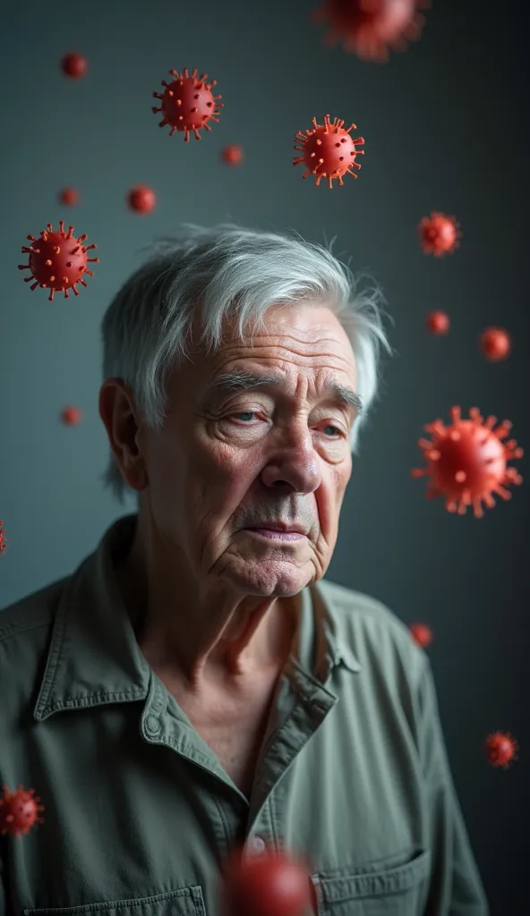 A semi-realistic image of a person with diabetes ,  visibly with signs of tiredness and frailty ,  with a concerned look .  around it, Herpes Zoster virus particles float ,  representing the increased risk due to diabetes . The background should be subtle,...