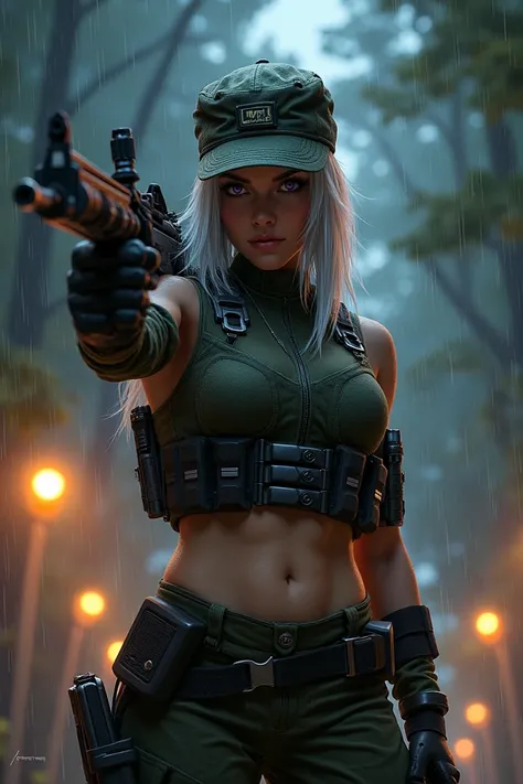 silver-white hair and piercing violet eyes. She wears a dark green military uniform, reinforced with armored plating and embedded tactical systems. And make sure she has a army hat and she has several badges and he has no leggings but her army uniform top ...