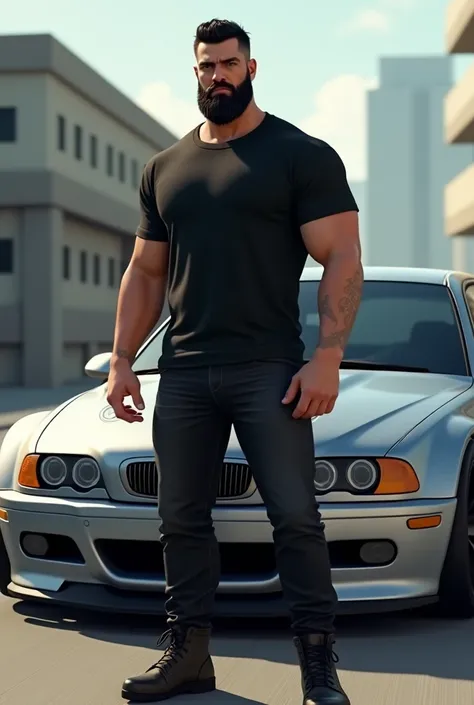 A guy with a black beard and short hair dressed fully in black casual stands near his silver BMW e 46 m3 full review. animated 