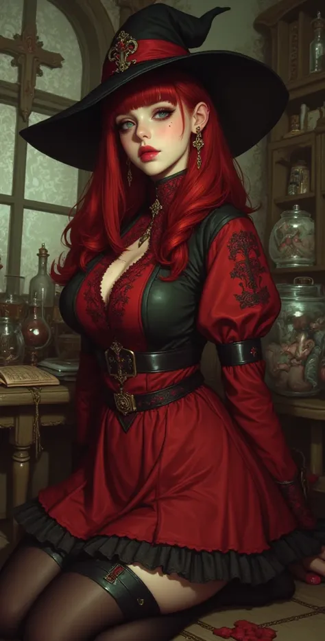  high resolution,  better quality,  in detail, HD model,  high detail ,  High quality,full frame, Ponle meter ,  Full-length girl, red hair ,  straight hair , Breasts, earrings,  green eyes, makeup, Light blush, scarlet lips,  witch hat, Short Red Witch Dr...