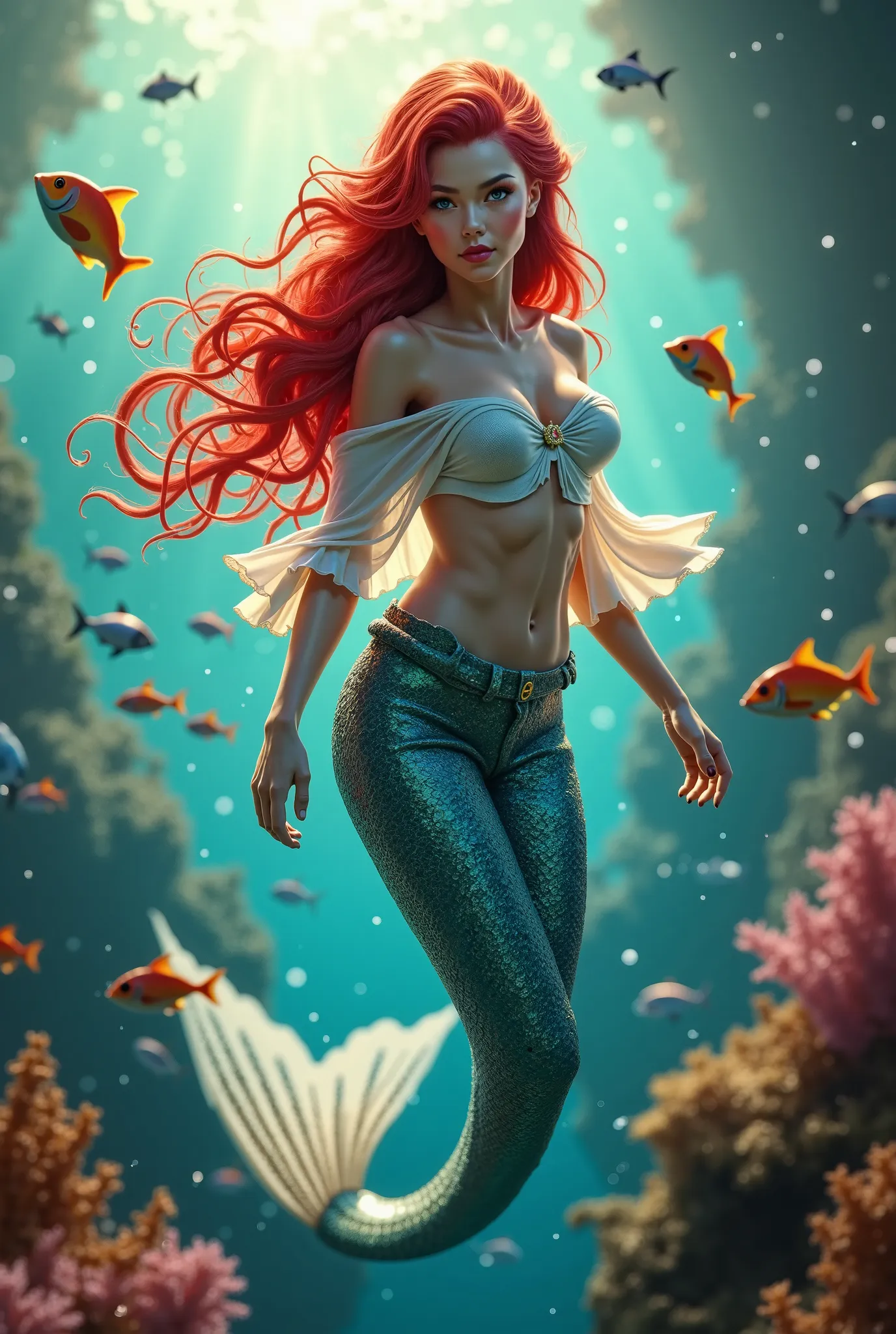 A realistic mermaid with a red hair with a long shirt and cute fish around her