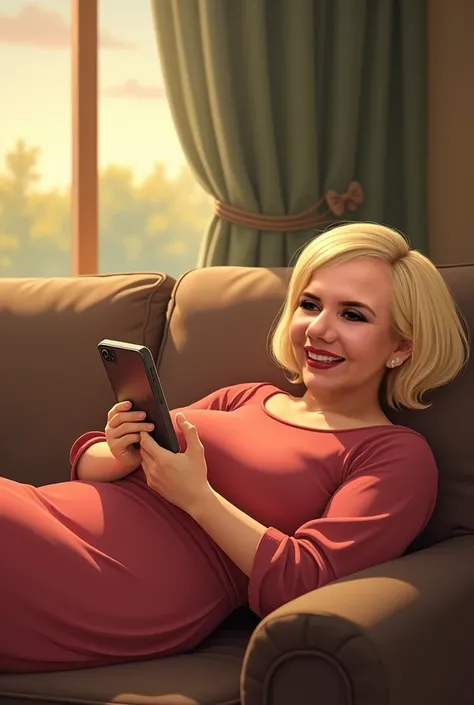 A Disney-type full body , of a 60-year-old round-faced lady with short straight blonde hair, bob type ,white ,thick, dark eyebrows , slim classic dress  , laughs , lying on her couch listening to music from her cell phone she will henceforth be called Char...