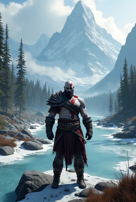 Create a 4k wallpaper of the PS4 God of War character Kratos, Focus on making the setting as beautiful and detailed as possible while respecting the environment of the Game God of War PS4