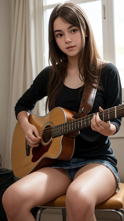  An 18-year-old girl , Caucasian,  totally naked,  playing a guitar 