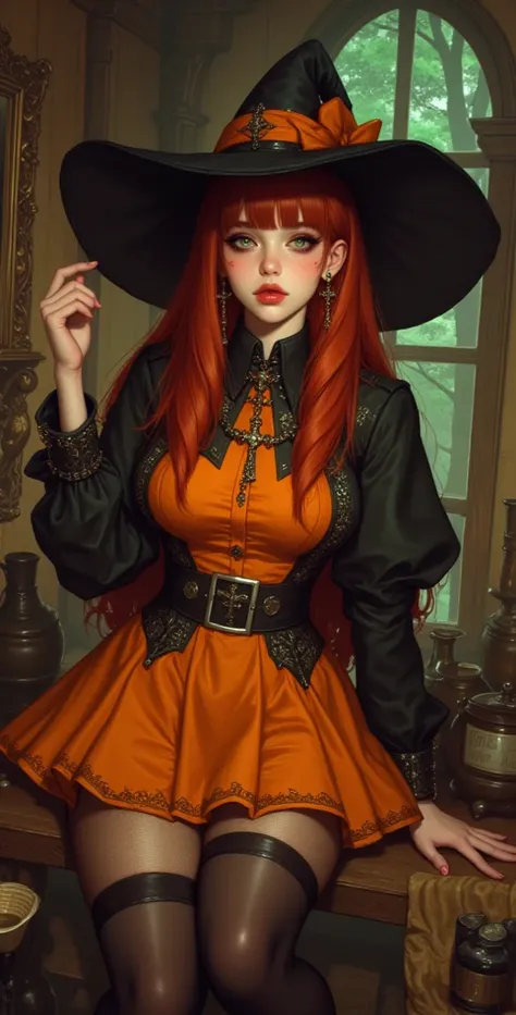  high resolution,  better quality,  in detail, HD model,  high detail ,  High quality,full frame, Ponle meter ,  Full-length girl, red hair ,  straight hair , Breasts, earrings,  green eyes, makeup, Light blush, scarlet lips,  witch hat, Short orange witch...