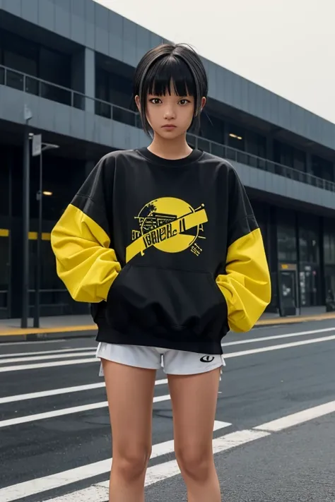   Hi-Res,   boyish,    girl,  black hair, Sporty shortcuts,   asymmetrical hairstyle  ,  Asymmetrical bangs,   yellow eyes,  There are three circles in the middle of the eye,  Skater Style Street Fashion, slightly oversized bottoms,  is standing,  futanari...