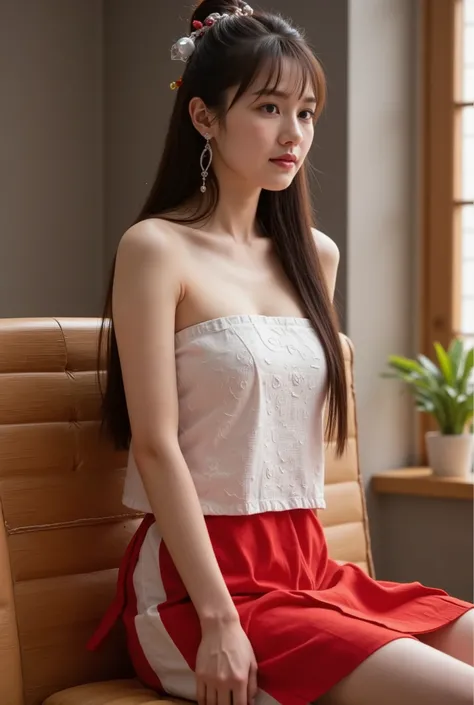 high definition professional photography stylem,natural skin texture.1 girl, skirt, hair accessories, red skirt, alone, Chinese clothes, long hair, sitting, bare shoulders, window, brown hair, bun, indoors, black hair,
looking at the audience
 