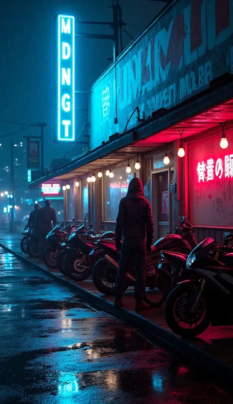 A run-down nightclub called Midnight in blue neon lights, There are Japanese and American motorcycles and muscle cars in front of the club, Sinister guys lurk in the semi-dark, At the entrance to the club, there is a very strong person in a rocking outfit ...