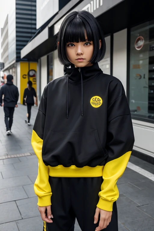   Hi-Res,   boyish,    girl,  black hair, Sporty shortcuts,   asymmetrical hairstyle  ,  Asymmetrical bangs,   yellow eyes,  There are three circles in the middle of the eye,  Skater Style Street Fashion, slightly oversized bottoms,  is standing,  futanari...