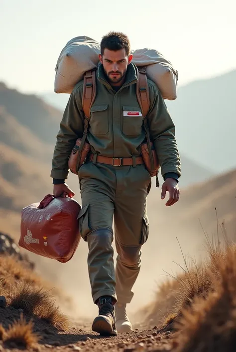 A man carrying medical aid in the form of a drawing
