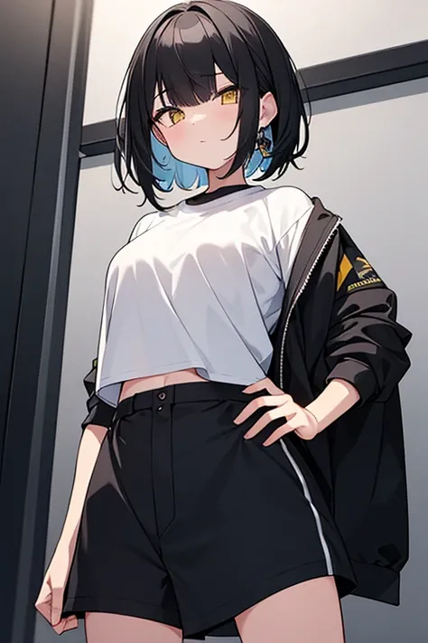   Hi-Res,   boyish,    girl,  black hair, Sporty shortcuts,   asymmetrical hairstyle  ,  Asymmetrical bangs,   yellow eyes,  There are three circles in the middle of the eye,  Skater Style Street Fashion, slightly oversized bottoms,  is standing,  futanari...