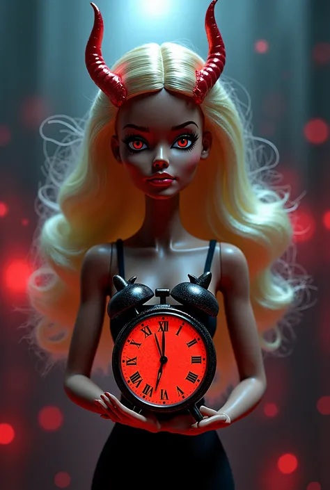 Barbie the devil is holding a watch that marks 3