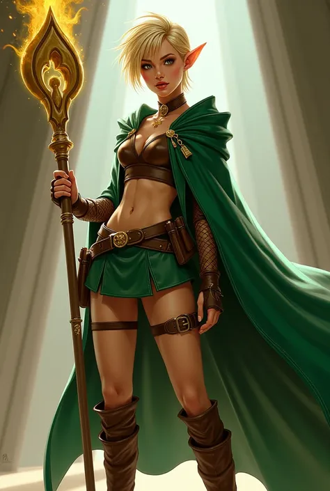 beautiful blonde female elf with short hair, leather shirt, short green skirt, green cape, long brown leather boots, modern look, holding a golden staff, American comic book style