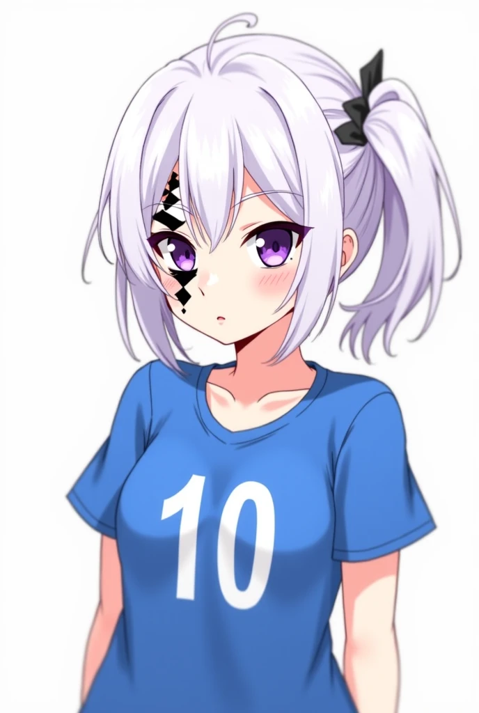 Woman anime game, white hair with a small ponytail, number 10 blue t-shirt, Black and white clown and purple eyes makeup, Slap eye with eyes