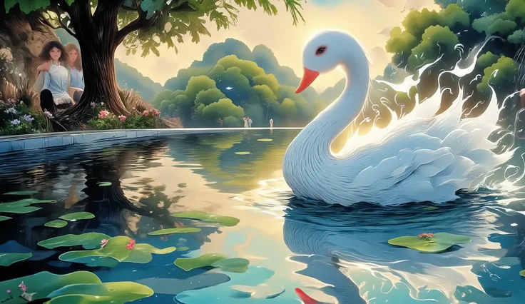 Reflection in the pool , swan-shaped buoy without people in the pool:1.5, in the background there are blurry people , It's twilight , in the foreground of the pool and water , the sunlight reflecting on the water , lush tropical plants ...