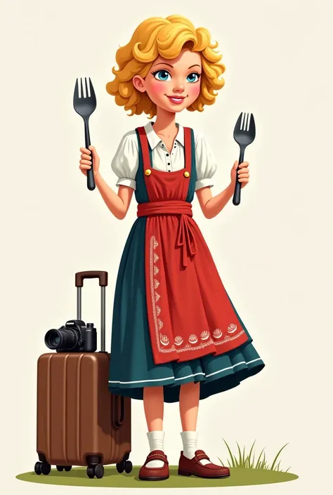 Create a graphical image for a logo with a girl wearing traditional mountain dress like Heidi holding a fork and spoon and with a modern camera and a luggage like Emily in Paris. She is blond with short curly hair and she is smiling. Picture in 4x4