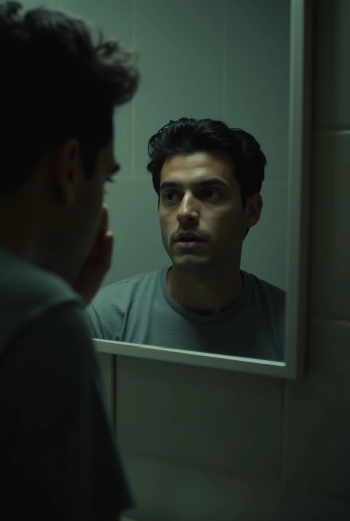  Image of Carlos's reflection blinking ,  with a strange shadow moving across the mirror,  moving away from where Carlos is .  The shadow must have an indistinct outline ,  almost as if it were a vague human figure , sliding slowly .  The faint bathroom li...